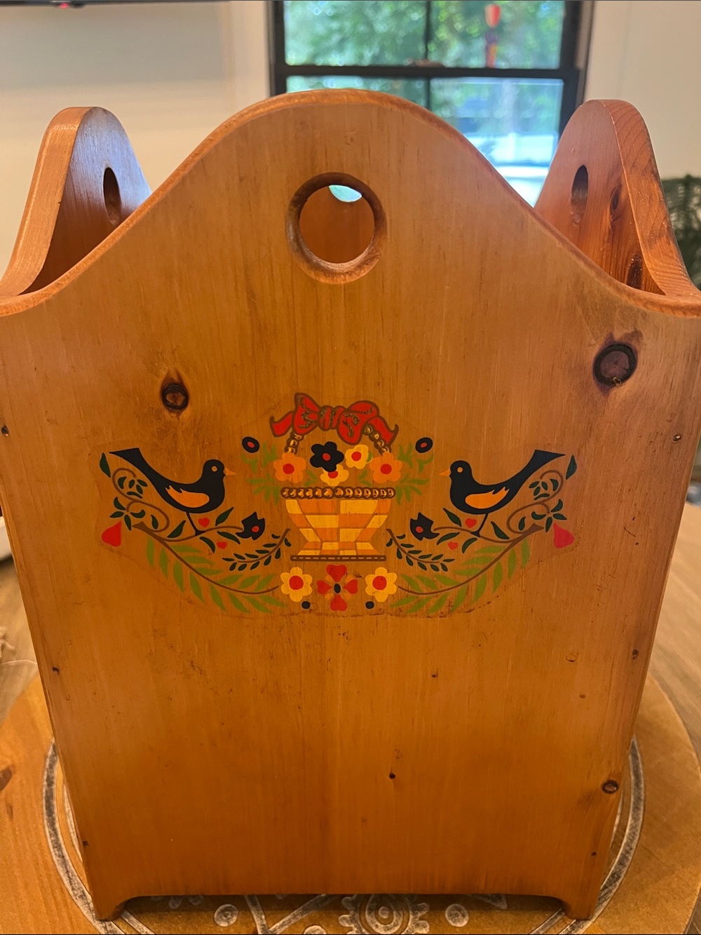 Wooden Folk Art waste basket, bin, magazine holder or even for yarn. Very clean